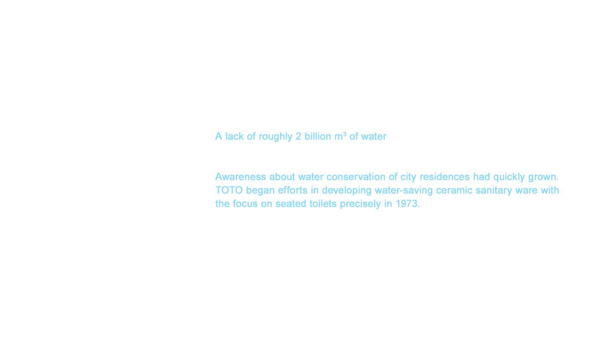 Water conservation of toilets was first highlighted in the early 1970s as a challenge TOTO should work to resolve. A lack of roughly 2 billion m3 of water was estimated each year in metropolitan areas even after development of all rivers in Japan,  according to the forecast of water supply and demand up to 1985 announced by the Ministry of Construction (at the time) in 1973. Awareness about water conservation of city residences had quickly grown. TOTO began efforts in developing water-saving ceramic sanitary ware with the focus on seated toilets precisely in 1973.