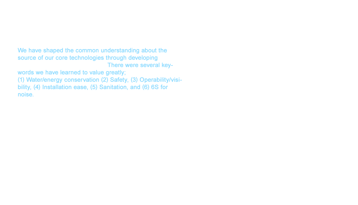 We have shaped the common understanding about the source of our core technologies through developing the New Family series and the New Joy series. There were several keywords we have learned to value greatly; (1) Water/energy conservation (2) Safety, (3) Operability/visibility, (4) Installation ease, (5) Sanitation, and (6) 6S for noise. In the changing social backdrop, core technologies evolved with development grounded in 6S. This stance saw the birth of products from the Click Shower that pursued water conservation and better operability in 1996, to the Wonder Beat shower that increased blood flow and offered a massaging effect, to the universally-designed touch switch faucet that revolutionized the operation from a twist to a push in the 2000s. All of these products earned high praise in the Japanese market.