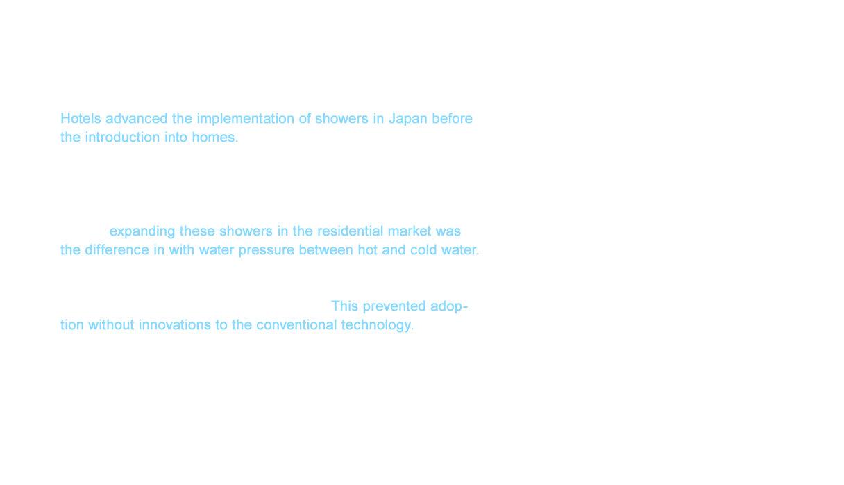 Hotels advanced the implementation of showers in Japan before the introduction into homes. They pioneered the growth of technology in shower fittings that mixed hot and cold water. This established the foundation for four different types of showers - the two handled, mixing, thermostat, and single handled showers. However, the problem with expanding these showers in the residential market was the difference in with water pressure between hot and cold water. The metal shower s for hotels supply hot and cold water at almost the same amount of pressure, but the pressure of hot water was lower than cold water after it passed through a residential water heater. This prevented adoption without innovations to the conventional technology.