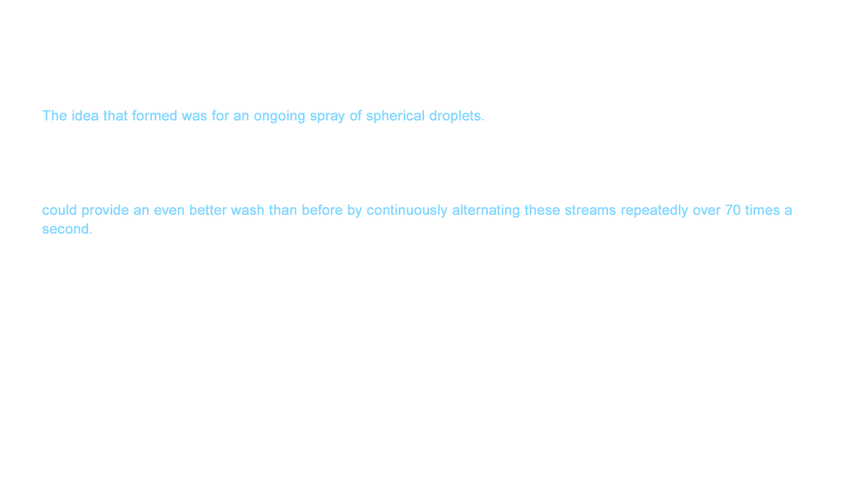 The idea that formed was for an ongoing spray of spherical droplets. The development team believed this could achieve a satisfying washing feel with a minimum amount of water. This was because an intermittent steam resulted in a greater amount of stress than a continuous stream. The development team repeatedly conducted testing to verify their hypothesis. The testing proved that an alternate strong and weak stream could provide an even better wash than before by continuously alternating these streams repeatedly over 70 times a second. A washing method named WonderWave Cleansing revolutionized the cleansing technology of WASHLET™.