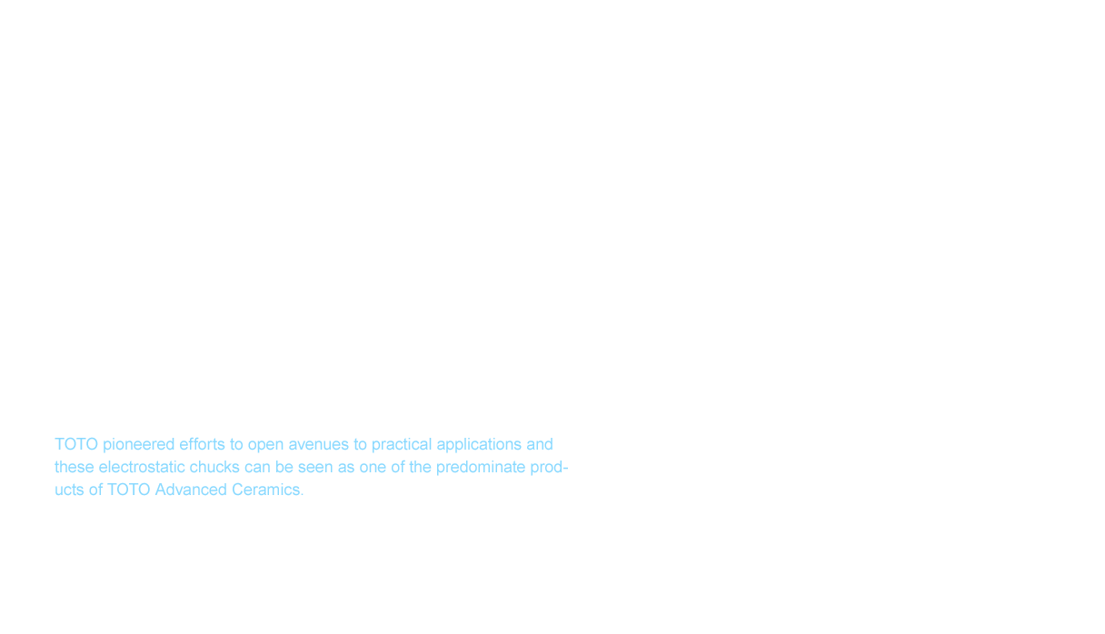 TOTO engaged in devices from highly rigid and highly precise measurement tools as well as air slides and components of semiconductor manufacturing devices such as electrostatic chucks to optical communication components such as optical ferrules and receptacles as well as magnet heads used to read data on electronic storage mediums. Today, electrostatic chucks that began development in 1982 are a major product that uses TOTO Fine Ceramics. After the development of the electrostatic chucks for electron beam machines, we worked toward utilization in Electron Cyclotron Resonance (ECR) etching devices. However, the work almost came to a standstill when cracking and a poor yield by weight could not be resolved. We were able to succeed in the practical application even in the first electrostatic chucks for etching devices through cooperation in development from other companies. TOTO pioneered efforts to open avenues to practical applications and these electrostatic chucks can be seen as one of the predominate products of TOTO Advanced Ceramics. We are ceaseless in our research and development for the next generation today with our close links to major semiconductor device manufacturers both inside and outside of Japan.