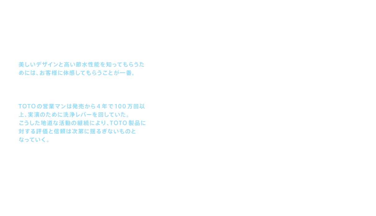 美しいデザインと高い節水性能を知ってもらうためには、お客様に体感してもらうことが一番。各地のキッチン＆バスショップ（販売ショールーム）に展示台を設置した。また、TOTOの主力製品を展示した5台のキャンピングカーで全米を回った。後に集計すると、TOTOの営業マンは発売から4年で100万回以上、実演のために洗浄レバーを回していた。こうした地道な活動の継続により、TOTO製品に対する評価と信頼は次第に揺るぎないものとなっていく。ここまで高めたブランド価値を、今後はどこまで他商品へ拡げることができるか。すでにウォシュレット®をはじめ、バス、水栓などへの波及は始まっている。