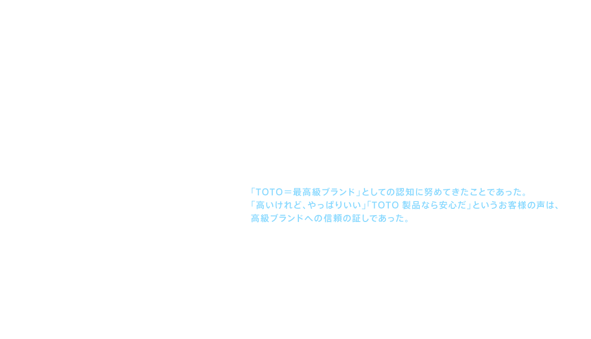 厳しい道のりではあったが、徐々に取扱店は増え、2016（平成28）年現在、代理店は50社ほどである。大きく活路を開くことになったきっかけは、1996（平成8）年ごろから、中国政府が住宅の個人所有を認める方向を示したことであった。人間の常として、持ち家にはこだわりが生まれ、より良い物を大切に使おうという気持ちを抱くようになる。毎日の生活に欠かせない、トイレをはじめとする水まわり製品も例外ではなく、これが高級品の需要を高めることにつながっていった。そのときに真価を発揮したのが、「TOTO＝最高級ブランド」としての認知に努めてきたことであった。「高いけれど、やっぱりいい」「TOTO製品なら安心だ」というお客様の声は、高級ブランドへの信頼の証しであった。