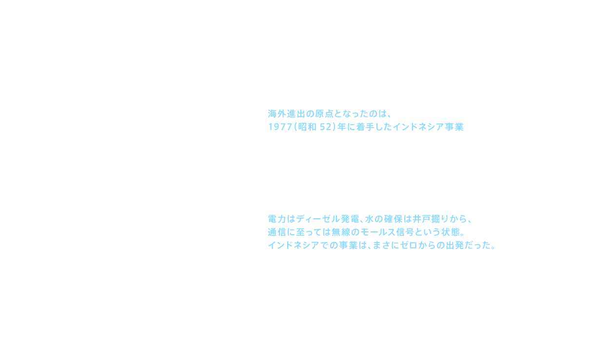 創立時から食器や衛生陶器の輸出をおこなっていたが、海外進出の原点となったのは、1977（昭和52）年に着手したインドネシア事業であった。輸入代理店であった現地資本との合弁企業SURYA TOTO INDONESIA（STI）の設立が合意され、工場の建設業者、資材調達のための現地調査も進められた。インドネシア出向の第一陣の8人が現地に向けて旅立ったのは、1978（昭和53）年1月のこと。一行が到着してみると治安の悪さは事前の情報を上回るものだった。電力はディーゼル発電、水の確保は井戸掘りから、通信に至っては無線のモールス信号という状態。インドネシアでの事業は、まさにゼロからの出発だった。