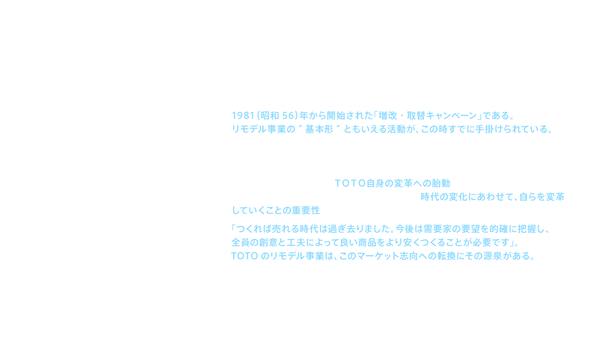 リモデル宣言に先行するものとして明確なのは、1981（昭和56）年から開始された「増改・取替キャンペーン」である。リモデル事業の“基本形”ともいえる活動が、この時すでに手掛けられている。その代表的なものが「ＴＯＴＯ増改のお店」である。これは後の「リモデルクラブ」の先駆けとなったもので、リモデルクラブ立ち上げに当たってはその母体となり、エントリー店とともに積み重ねた多くの貴重な経験も引き継がれていった。このような活動の背景には、ＴＯＴＯ自身の変革への胎動があった。1972（昭和47）年に就任した8代目社長の黒河は、時代の変化にあわせて、自らを変革していくことの重要性を説いている。その一例が、1976（昭和51）年の年頭のコメントである。「つくれば売れる時代は過ぎ去りました。今後は需要家の要望を的確に把握し、全員の創意と工夫によって良い商品をより安くつくることが必要です」。TOTOのリモデル事業は、このマーケット志向への転換にその源泉がある。