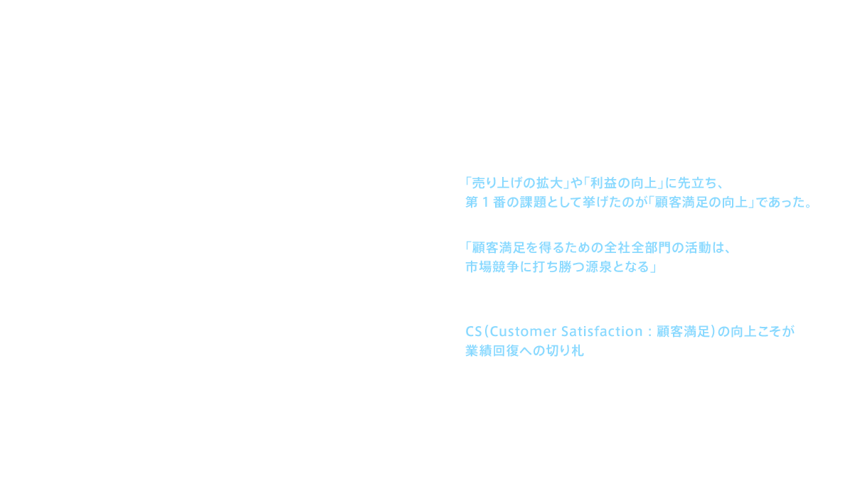 リモデル宣言が発表された1993（平成5）年、江副は４つの重点課題を挙げている。「売り上げの拡大」や「利益の向上」に先立ち、第1番の課題として挙げたのが「顧客満足の向上」であった。ここで強調されているのは、「顧客満足を得るための全社全部門の活動は、市場競争に打ち勝つ源泉となる」という認識である。バブル崩壊後、日々厳しさを増していく経済環境の中で、江副はCS（Customer Satisfaction：顧客満足）の向上こそが業績回復への切り札であると捉えていたのである。