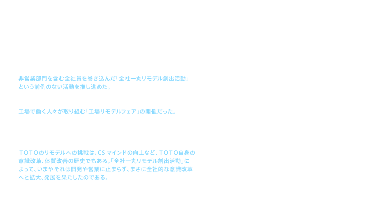 2008（平成20）年度連結決算は、リーマン・ショックの影響で9年ぶりの赤字となる。この危機の中15代目社長となった張本は、2009（平成21）年、非営業部門を含む全社員を巻き込んだ「全社一丸リモデル創出活動」という前例のない活動を推し進めた。これはＴＯＴＯのリモデルを知ってもらう機会を増やそう、そのために積極的に動こうという趣旨である。中でも社内を驚かせたのは、工場で働く人々が取り組む「工場リモデルフェア」の開催だった。結果はさまざまな形で表れたが、明らかだったのは、製造現場のモチベーションアップだった。会場でお客様から寄せられるＴＯＴＯ商品への信頼の言葉。それは初めての体験であり、製品を送り出す者としてのプライドの再認識となった。ＴＯＴＯのリモデルへの挑戦は、CSマインドの向上など、ＴＯＴＯ自身の意識改革、体質改善の歴史でもある。「全社一丸リモデル創出活動」によって、いまやそれは開発や営業に止まらず、まさに全社的な意識改革へと拡大、発展を果たしたのである。