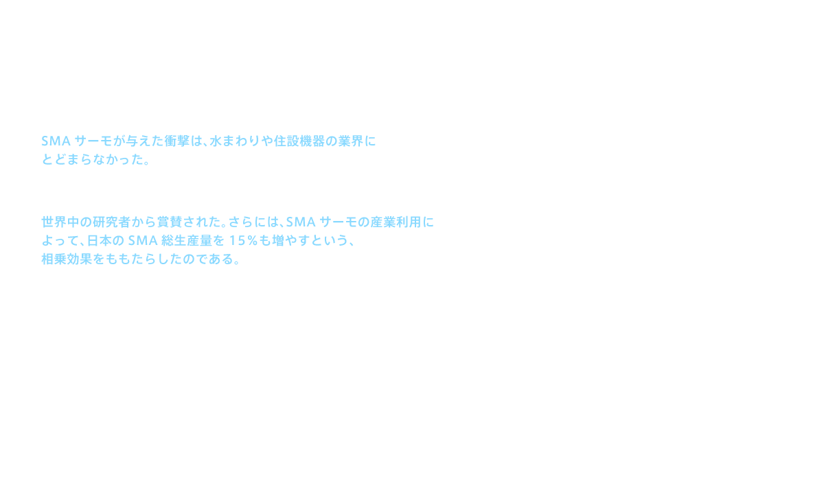 SMAサーモが与えた衝撃は、水まわりや住設機器の業界にとどまらなかった。1995（平成7）年、スイスのローザンヌで開かれた、形状記憶合金に関する国際会議「’95 ICOMAT（アイコマート）」でSMAサーモが発表されると、世界中の研究者から賞賛された。さらには、SMAサーモの産業利用によって、日本のSMA総生産量を15％も増やすという、相乗効果をももたらしたのである。「ニューファミリーシリーズ」「ニュージョイシリーズ」ではこの他にも、15％も吐水量を減らしながら快適性は維持した節水シャワー、あるいはサーモスタットシャワーバス水栓のお湯側を水の通路で覆うことで水栓金具表面が高温になるのを防ぎ安全性を高めた本体断熱構造など、いくつもの新技術が登場した。これらの新技術は、コアテクノロジーとして以後の商品に反映されていく。