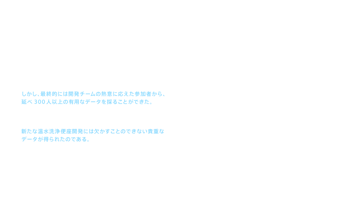 こうしたデータを得るために開発チームは社内に働きかけ、協力者を募った。だが、いかに自社の新商品開発のための貴重なデータとはいえ、デリケートな部位であるおしりへの実験はさすがに抵抗感が大きく、特に女性社員の協力を得ることは容易ではなかった。しかし、最終的には開発チームの熱意に応えた参加者から、延べ300人以上の有用なデータを採ることができた。その結果、洗浄する温水は38℃、便座の温度は36℃、乾燥のための温風は50℃、ノズルから噴出する洗浄水の吐水角度は43度といった、新たな温水洗浄便座開発には欠かすことのできない貴重なデータが得られたのである。