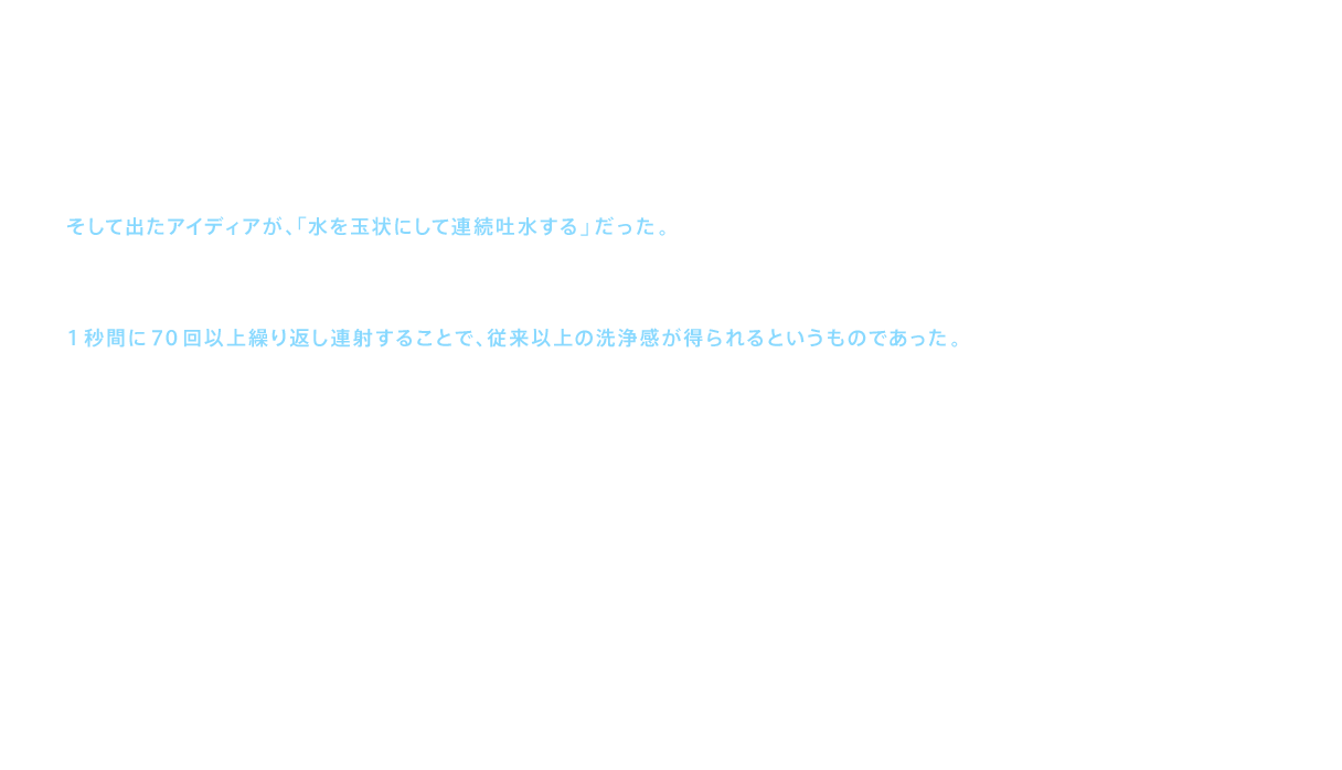 そして出たアイディアが、「水を玉状にして連続吐水する」だった。これなら、少ない水量でもしっかりした洗浄感が得られるのではないか。なぜなら、水は連続的に当てるよりも、断続的に当てる方が応力が大きくなるからだ。開発チームは実証実験を繰り返し行った。それによって得られた結果は、強い吐水と弱い吐水を、交互に1秒間に70回以上繰り返し連射することで、従来以上の洗浄感が得られるというものであった。「ワンダーウェーブ洗浄」と名付けられたこの洗浄方式は、ウォシュレット®の洗浄技術を革命的に変えるものとなった。