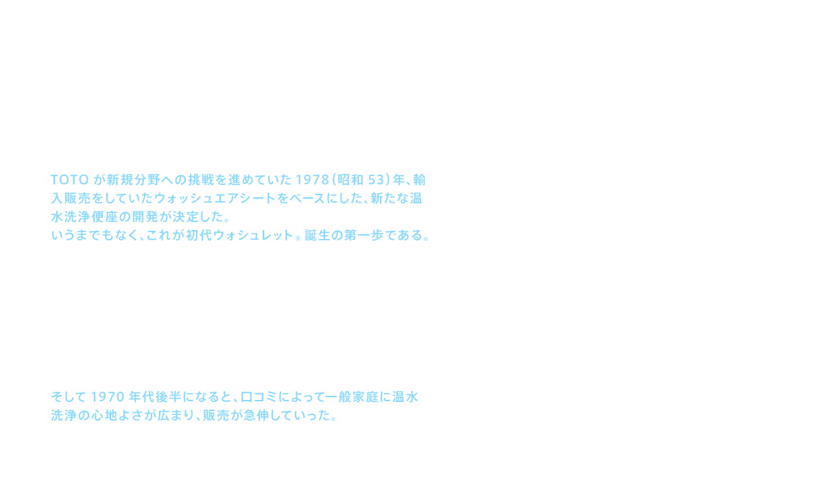 TOTOが新規分野への挑戦を進めていた1978（昭和53）年、輸入販売をしていたウォッシュエアシートをベースにした、新たな温水洗浄便座の開発が決定した。いうまでもなく、これが初代ウォシュレット®誕生の第一歩である。ウォシュレット®の原型となったのは、アメリカン・ビデ社が医療用に製造していた「ウォッシュエアシート」である。肛門科の病院を中心にした販売だったが、お客様から「湯温が不安定、吐水角度も一定しない。何とかしてほしい」という声が寄せられていた。1967（昭和42）年に日本の輸入商社が特許と独占販売権を取得したことから、製造が国産メーカーに委託され、一部の改良や暖房便座機能の追加などが行われた。そして1970年代後半になると、口コミによって一般家庭に温水洗浄の心地よさが広まり、販売が急伸していった。