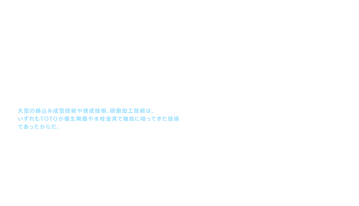 1978（昭和53）年に茅ヶ崎工場（神奈川県）内に延べ面積1250㎡の研究棟が建設され、ファインセラミックスを含む無機素材やその他有機素材など、新分野の研究が進められた。1982（昭和57）年には、「ＴＯＴＯ精密セラミックス」として精密定盤や測定工具などの構造物の試験販売が開始され、高い技術評価を受けることができた。大型の鋳込み成型技術や焼成技術、研磨加工技術は、いずれもＴＯＴＯが衛生陶器や水栓金具で独自に培ってきた技術であったからだ。大物成型部材の高度な技術は、現在も継承され、さらに発展している。