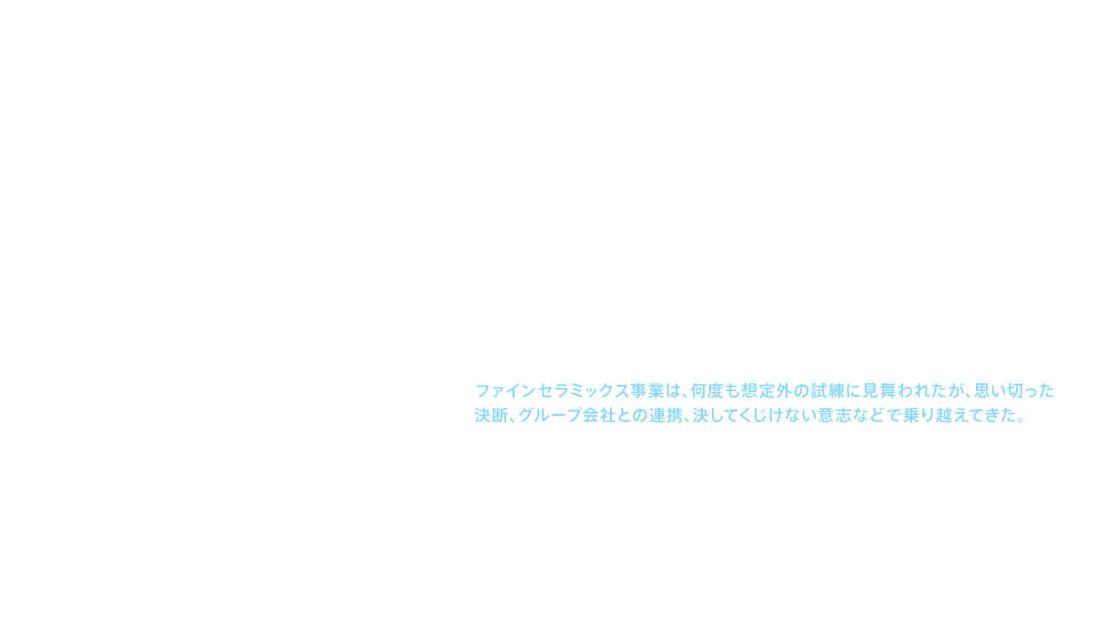 2011（平成23）年3月11日、未曽有の災害、東日本大震災が発生した。光フェルール・レセプタクル・ボンディングキャピラリーを生産している福島県楢葉町の工場と富岡町の工場が立ち入り禁止区域に入ってしまう。ＴＯＴＯの製品は高い品質が評価され、シェアの大きいものもあっただけに、生産ラインの喪失は世界中のお客様に影響を与えることとなった。立ち入り禁止となった工場の従業員も被災者だったが、ライン復旧に力を注いだのである。他社にOEM生産を依頼したり、他のTOTOグループ会社の拠点に生産ラインを立ち上げたり、関係者が一丸となって推進することで驚異的な早さで復旧することができたのである。ファインセラミックス事業は、何度も想定外の試練に見舞われたが、思い切った決断、グループ会社との連携、決してくじけない意志などで乗り越えてきた。