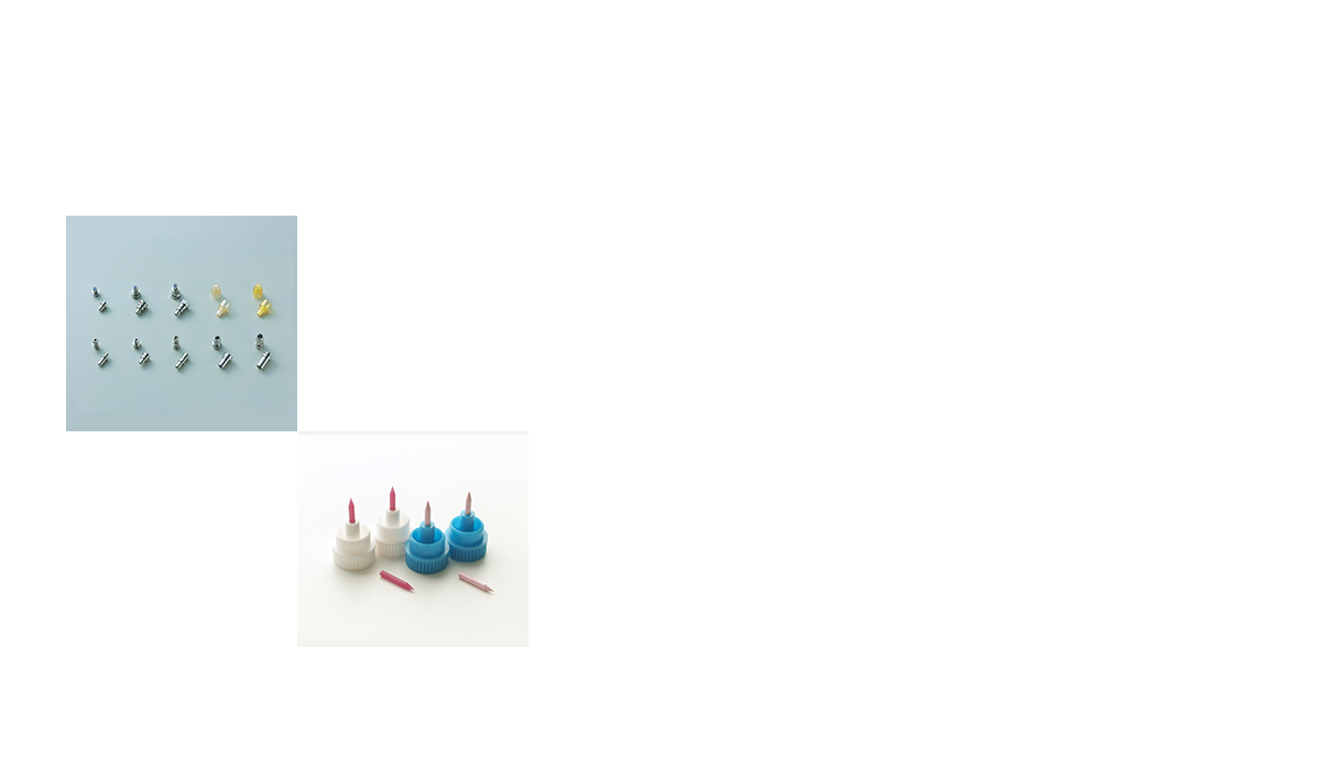 レセプタクル（光半導体と光ファイバーを高精度に位置あわせするキーパーツ） ボンディングキャピラリー（ICチップとリードフレームを金線でつなぐためのツール）