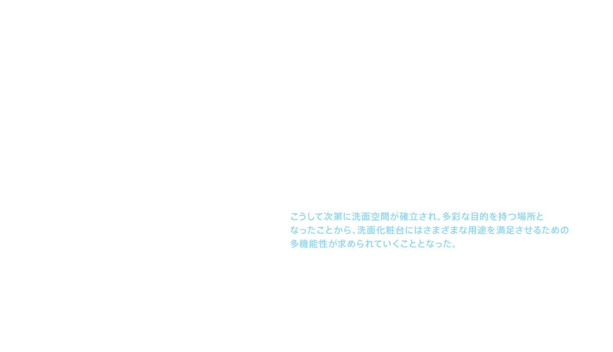 バブル経済期になると、洗面空間の機能に変化が現れていった。入浴前後の衣服を脱ぎ着する場所であり、それまで屋外に置かれていた洗濯機を洗面所に移して、洗濯をする場所にもなった。朝の身づくろいを含めた、家庭における水まわり機能の集約化、一体化が進んでいったのである。こうした動向を踏まえてＴＯＴＯは1995（平成7）年、洗濯作業の向上を狙って「ランドリードレッサー」を発売。他社に先駆けて搭載した壁付水栓により、洗面ボウルは広く使えるようになり、洗面ボウル下部のキャビネットは、収納力が強化された。こうして次第に洗面空間が確立され、多彩な目的を持つ場所となったことから、洗面化粧台にはさまざまな用途を満足させるための多機能性が求められていくこととなった。
