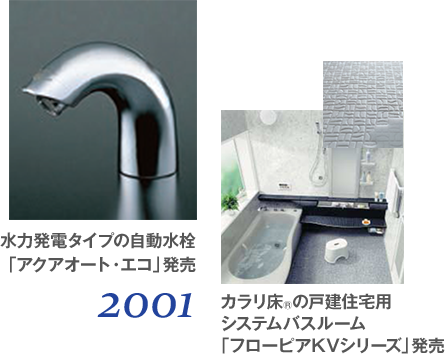 2001 水力発電タイプの自動水栓「アクアオート・エコ」発売 カラリ床®の戸建住宅用システムバスルーム「フローピアKVシリーズ」発売