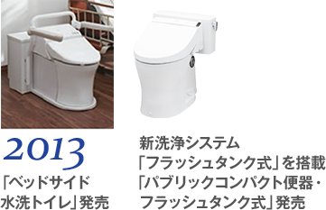 2013 「ベッドサイド水洗トイレ」発売 新洗浄システム「フラッシュタンク式」を搭載「パブリックコンパクト便器・フラッシュタンク式」発売