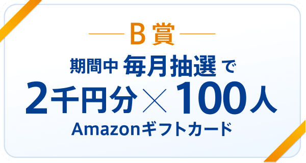 B賞 期間中 毎月抽選で2千円分×100人 Amazonギフトカード