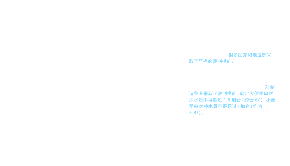 在日本，对冲水式坐便器的冲水量限制一般比较宽松。然而，放眼世界，很多国家和地区都采取了严格的限制措施。原因是在确保水资源方面存在问题。美国在西海岸和南方各州都有地区缺水，于1992年颁布一项名为Energy Policy Act（EPACT：能源政策法案）的法律，并从2年后的1994年开始，对制造业者采取了限制措施，规定大便器单次冲水量不得超过1.6加仑（约合6ℓ），小便器单次冲水量不得超过1加仑（约合3.8ℓ）。