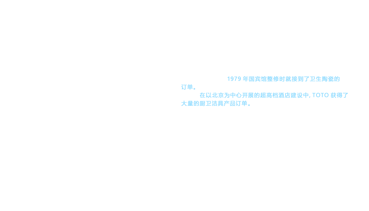 TOTO正式进军海外市场始于1984年成立海外事业本部。第二年，TOTO在定位为最重要市场之一的中国地区设立了营业网点。而在中国地区，早在1979年国宾馆整修时就接到了卫生陶瓷的订单。接下来，在以北京为中心开展的超高档酒店建设中，TOTO获得了大量的厨卫洁具产品订单。在积极拓展中国市场的同时，TOTO在亚洲各国及地区也开始成立合资企业。1986年泰国（卫生陶瓷）、1987年泰国（水龙头配件）、韩国、台湾相继成立了合资公司。