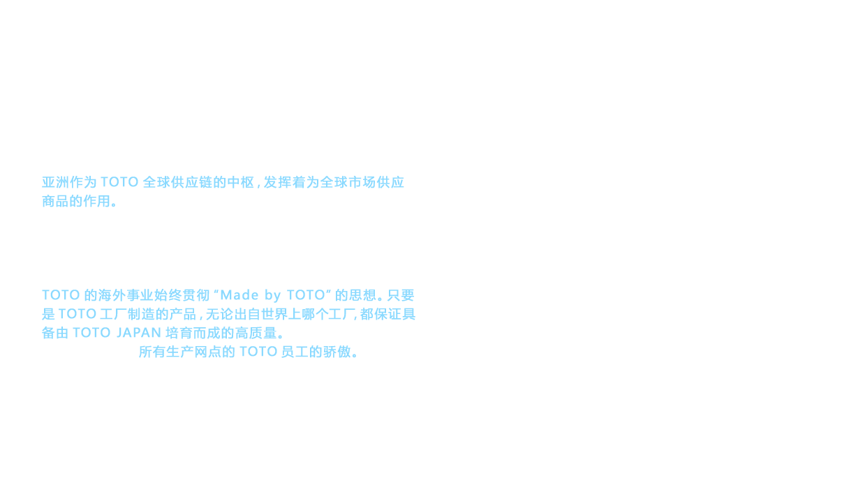 截至2017年，TOTO已在日本、中国、亚洲和大洋洲、美洲、欧洲等地共19个国家及地区开展业务。其中，亚洲作为TOTO全球供应链的中枢，发挥着为全球市场供应商品的作用。2014年，为了扩大在新兴国家市场中的业务，设在印度古吉拉特邦的卫生陶瓷工厂投入运营。业务发展进一步加速。并且，通过生产网点之间的相互切瑳琢磨，走向世界的TOTO的整体技术实力提升，实现了高水准的商品质量均一。TOTO的海外事业始终贯彻“Made by TOTO”的思想。只要是TOTO工厂制造的产品，无论出自世界上哪个工厂，都保证具备由TOTO JAPAN培育而成的高质量。这是包括日本在内所有生产网点的TOTO员工的骄傲。