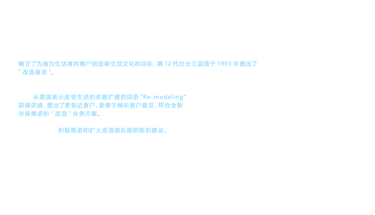 确立了为身为生活者的客户创造新生活文化的目标，第12代社长江副茂于1993年提出了“改造宣言”。特意选用“改造”这个当时还不为人们所熟悉的词语， 来推进改建和扩建相关的新业务， 是根据江副社长的构想来安排的， 即与单纯满足实际需要的日本式“翻新”划清界限， 力求在日本创造出全新的住宅文化。因此， 从美国表示改变生活的改建扩建的词语“Re-modeling”获得灵感，提出了更贴近客户，更便于倾听客户意见，符合全新市场需求的“改造”业务方案。此时新设的翻新事业推进部 （次年发展为改造事业推进本部） 为了次年1994年的启动， 积极推进和扩大改造俱乐部的组织建设。通过扩大加盟店的方式， TOTO改造事业更加贴近客户需求， 为进入下一个新境界而做好准备。