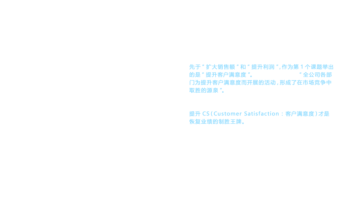 在改造宣言发表后的1993年，江副列举了4个重点课题。先于“扩大销售额”和“提升利润”，作为第1个课题举出的是“提升客户满意度”。这里强调的认识是：“全公司各部门为提升客户满意度而开展的活动，形成了在市场竞争中取胜的源泉”。泡沫经济崩溃后，在形势日益严峻的经济环境下， 江副社长认识到提升CS（Customer Satisfaction：客户满意度）才是恢复业绩的制胜王牌。命名的重新定义 在80周年的1997年，发表了“CS宣言”， 对之前模糊不清的“客户”命名进行了重新定义