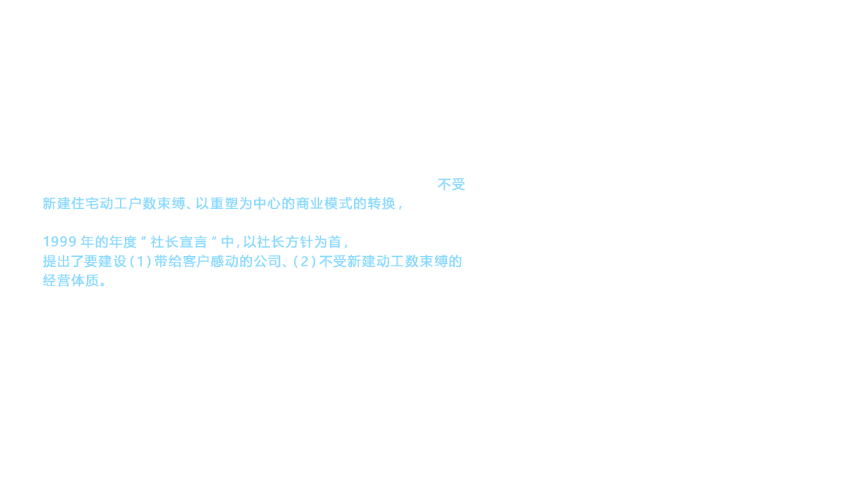 改造事业在重渕雅敏就任第13代社长的1998年迎来了重要阶段。这一年，TOTO的财报出现了上市以来的第一次赤字。并且， 新建住宅动工户数竟连续2年减少了20万户。向副社长亲自推进的不受新建住宅动工户数束缚、以重塑为中心的商业模式的转换，已到了刻不容缓的状态。1999年的年度“社长宣言”中，以社长方针为首，提出了要建设（1）带给客户感动的公司、（2）不受新建动工数束缚的经营体质。第 （1） 项是指为每一位客户提供最合适的商品、服务， 以实现客户满意度；第（2） 项强调了改造等新市场开拓的重要性。由此明确了新体制的方向性， 即死守新建住宅动工的市场占比， 同时迅速拓展改造领域。