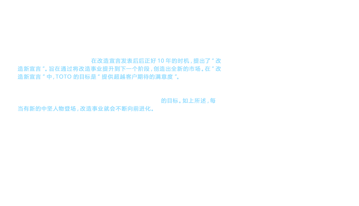 第14代社长木濑在就任的同时， 在改造宣言发表后后正好10年的时机，提出了“改造新宣言”。旨在通过将改造事业提升到下一个阶段，创造出全新的市场。在“改造新宣言”中，TOTO的目标是“提供超越客户期待的满意度”。人类的生命阶段随着年龄增长而不断变化。对于儿孙绕膝的老年人而言， 如果能在家中带着孙儿一同洗澡，就能为天伦之乐锦上添花， 诸如此类， 可以为顾客的生活方式提供新的建议。这种从“商品需求”向“行为需求”的转换， 正是“改造新宣言”的目标。如上所述，每当有新的中坚人物登场，改造事业就会不断向前进化。