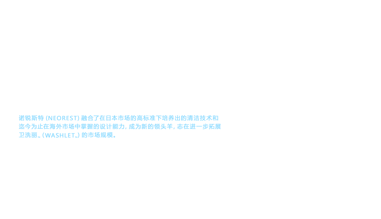 卫洗丽™（WASHLET™）是一种为人们提供水洗臀部功能的商品。同时，TOTO还利用智洁技术（Cefiontect）和电解除菌水等清洁功能或超级节水技术不断改善坐便器的功能。卫洗丽™（WASHLET™）和坐便器融为一体，设计感十足的商品便是诺锐斯特(NEOREST)。在远比日本更加重视外形设计的海外市场，诺锐斯特(NEOREST)凭借卓越的功能和美观的外形设计，受到超高档酒店和公寓住宅的青睐。就是说，诺锐斯特(NEOREST)融合了在日本市场的高标准下培养出的清洁技术和迄今为止在海外市场中掌握的设计能力，成为新的领头羊，志在进一步拓展卫洗丽™（WASHLET™）的市场规模。TOTO力求切实增强卫洗丽™（WASHLET™）在海外市场中的知名度。