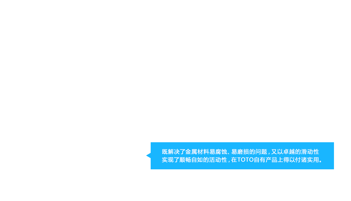 既解决了金属材料易腐蚀、易磨损的问题，又以卓越的滑动性实现了顺畅自如的活动性，在TOTO自有产品上得以付诸实用。