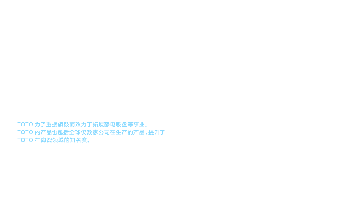 个人电脑开始普及的1990年代末，互联网的使用迅速扩大，导致了所谓“IT泡沫”的出现。TOTO在1999年到2000年期间，通信基础设施上不可缺少的光纤套圈和插座的销售额也骤然增多。为响应高涨的市场需求，TOTO决定对部分工厂进行大规模的设备投资，却遭遇了突如其来的大衰退。遗憾的是即将投入运营的新工厂只得暂停，不得已做出缩减的痛苦决定。在作出放弃大规模投资等牺牲的同时，TOTO为了重振旗鼓而致力于拓展静电吸盘等事业。TOTO的产品也包括全球仅数家公司在生产的产品，提升了TOTO在陶瓷领域的知名度。