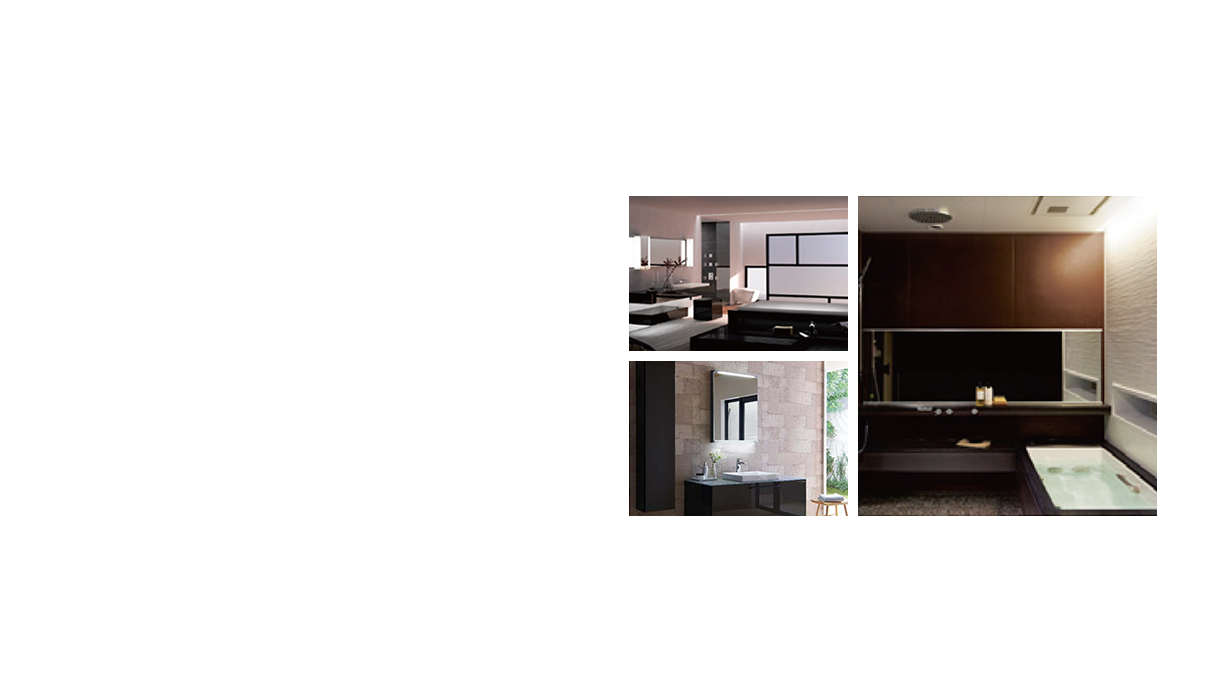 现在的浴室空间（右/SYNLA）和洗脸空间（左下/ESCUA）在中国等海外做的空间提案（左上）